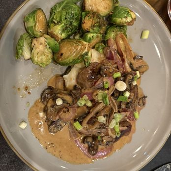 Proof on Washington - Steak tips with a bordelaise sauce and sautéed Brussels sprouts. - Whiskey Bars Near Me - Berkeley Springs, West Virginia Proof on Washington - Steak tips with a bordelaise sauce and sautéed Brussels sprouts. - Whiskey Bars Near Me - Berkeley Springs, West Virginia