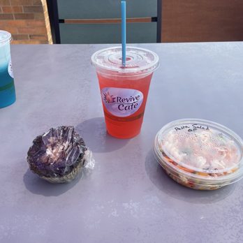 Revive Cafe - two drinks and a donut on a table - Juice Bars & Smoothies Near Me - East Moline, Illinois