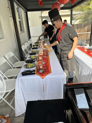 Hibachi catering - The host only has to set up tables and chairs, and provide plates and utensils. We bring our own hibachi grill and experienced chef. Each guest can choose their own customized meal. It starts with a side salad and comes with hibachi vegetables, fried rice, and 2 choices of protein. Show will last between 1-1.5 hours. Hibachi catering - The host only has to set up tables and chairs, and provide plates and utensils. We bring our own hibachi grill and experienced chef. Each guest can choose their own customized meal. It starts with a side salad and comes with hibachi vegetables, fried rice, and 2 choices of protein. Show will last between 1-1.5 hours.