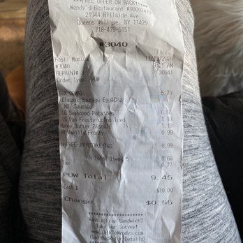 Wendy's - My receipt - Fast Food Near Me - Queens Village, New York