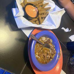 Appetizer batter green beans and cup of gumbo Appetizer batter green beans and cup of gumbo