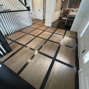 Evergreen Hardwood Floors - Inlaid floor pattern- mix of engineered flooring +3 inch white oak - Refinishing Services Near Me - Sunnyvale, California
