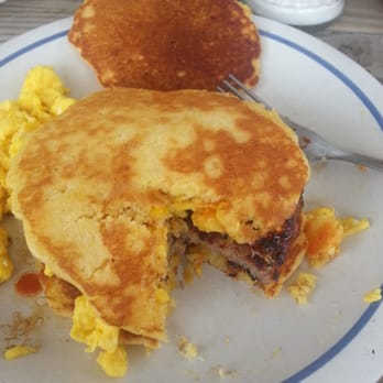 Early Birds Breakfast - My creation. Two griddle corn canes with a maple sausage steakette and scrambled eggs!!! Wow!!! - Breakfast & Brunch Near Me - Saint Louisville, Ohio Early Birds Breakfast - My creation. Two griddle corn canes with a maple sausage steakette and scrambled eggs!!! Wow!!! - Breakfast & Brunch Near Me - Saint Louisville, Ohio