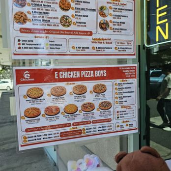 Echicken Pizza Boys - Menu - taped to the glass door - Pizza Near Me - Honolulu, Hawaii Echicken Pizza Boys - Menu - taped to the glass door - Pizza Near Me - Honolulu, Hawaii