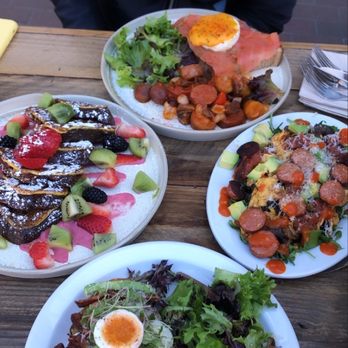 Foreigner - French toast (left), smokes salmon (back), avocado bacon toast (front), foreigners scramble /added sausage (right) - Breakfast & Brunch Near Me - San Mateo, California Foreigner - French toast (left), smokes salmon (back), avocado bacon toast (front), foreigners scramble /added sausage (right) - Breakfast & Brunch Near Me - San Mateo, California