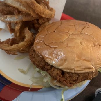Mighty Fine Burgers - Country Fried burger w fixings and a order of the onion rings - Burgers Near Me - Kyle, Texas