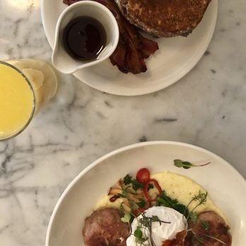 The Vandal - Chicken Sausage (bottom) and Purple Corn Pancakes (top) with a side of orange juice - Wine Bars Near Me - Pittsburgh, Pennsylvania The Vandal - Chicken Sausage (bottom) and Purple Corn Pancakes (top) with a side of orange juice - Wine Bars Near Me - Pittsburgh, Pennsylvania