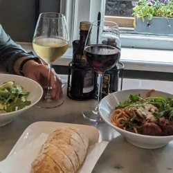 Renzo's Delicatessen - Spaghetti Bolognese, perfect bread, Ravioli with cheese, truffles, and rocket, and Pesto Penne. Yum