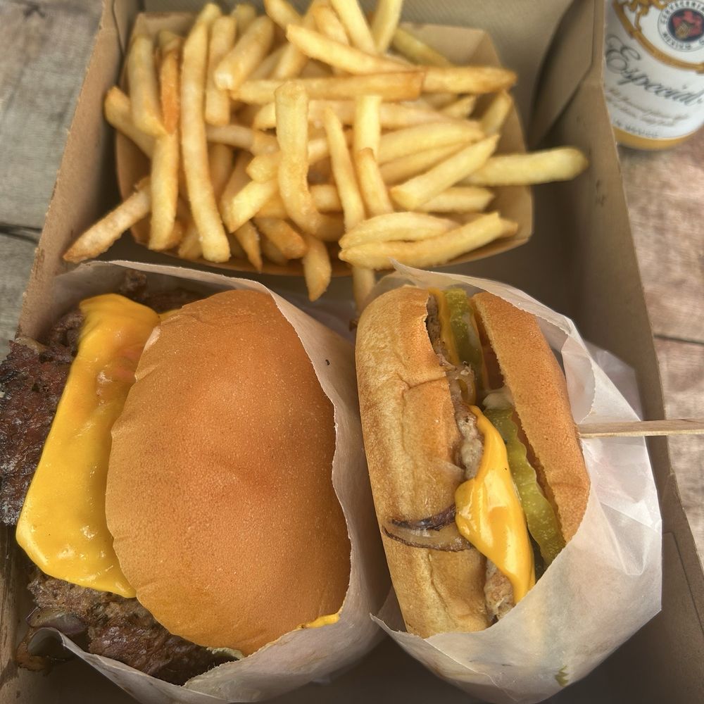 The Station - Double Burger and Single Burger sub chicken patty with side of Fries - Burgers Near Me - Berkeley, California