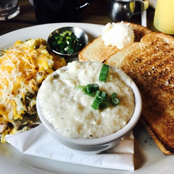Seven Mile Cafe - Texan Scramble with Gouda grits and sourdough toast. - Breakfast & Brunch Near Me - Keller, Texas