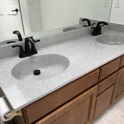Miracle Method Surface Refinishing - Resurfaced cultured marble vanity top. Repaired a huge crack in one bowl