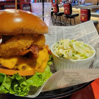 Rock & Brews - Smokehouse Burger with slaw. My date had the burger with a bun. I opted out. - American Near Me - Corning, California Rock & Brews - Smokehouse Burger with slaw. My date had the burger with a bun. I opted out. - American Near Me - Corning, California