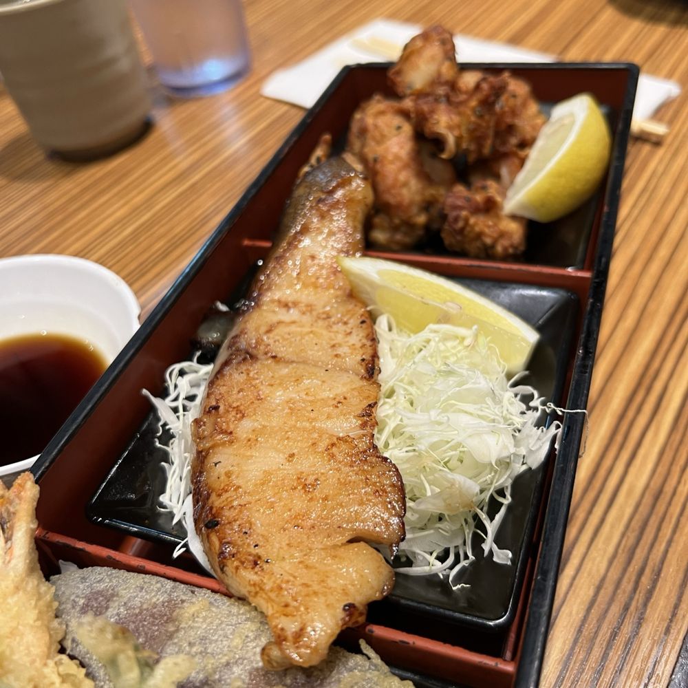 Gyotaku - Gyotaki Combination Bento 3: tempura, miso butterfish, karaage - Japanese Near Me - Honolulu, Hawaii Gyotaku - Gyotaki Combination Bento 3: tempura, miso butterfish, karaage - Japanese Near Me - Honolulu, Hawaii