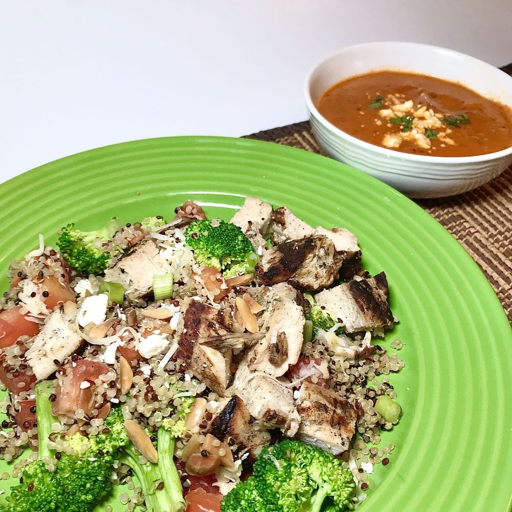 Chicken bowl and roasted red pepper Gouda  soup