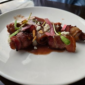 Charter Oak Tavern - DATES & BACON applewood bacon wrapped dates, bleu cheese, pickled red onion, almonds, sauce bordelaise - Cocktail Bars Near Me - Westbrook, Connecticut