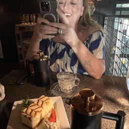 French press coffee with goat/cream cheese cake.