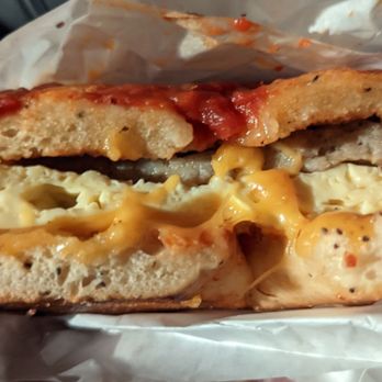 Regal Bagel - Sausage,egg, and cheese on a marinara/ cheese bagel. Delicious! - Bagels Near Me - San Jose, California Regal Bagel - Sausage,egg, and cheese on a marinara/ cheese bagel. Delicious! - Bagels Near Me - San Jose, California