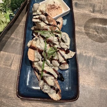 Gather in Jackson Hole - Wild Mushroom Toast with Melted Bleu Cheese - with perfect egg. - New American Near Me - Jackson, Wyoming