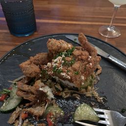 Soft shell crab was nicely crispy on a bed of cucumbers and peppers.