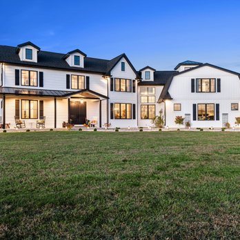 Gage Home Designs - Luxury Modern Farmhouse, complex, asymmetrical design that sits beautifully by autumn trees. - Architects Near Me Gage Home Designs - Luxury Modern Farmhouse, complex, asymmetrical design that sits beautifully by autumn trees. - Architects Near Me