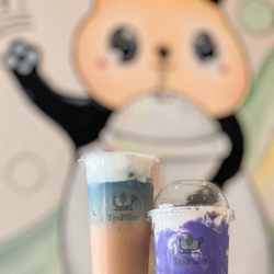 Tea Pillar - Skylight milk tea (with butterfly pea tea & sea cream on top) Ube cream brûlée with pearls - you need this!