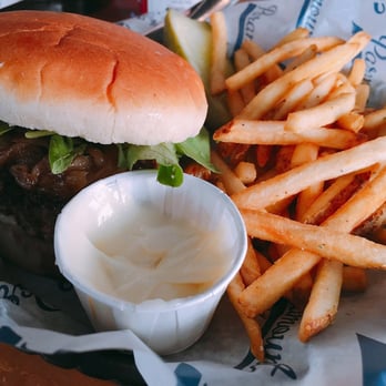 Paramount - Downtown Birmingham - You're My Boy, Blue burger - blue cheese, caramelized onions, arugula. Paramount fries - rosemary fries with garlicky mayo - Arcades Near Me - Birmingham, Alabama