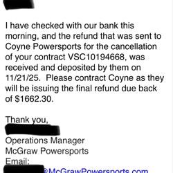 Coyne Powersports - The correct refund due.