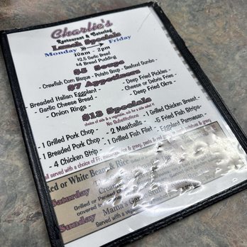 Charlie's Restaurant & Catering - Front of menu - Seafood Near Me - Violet, Louisiana