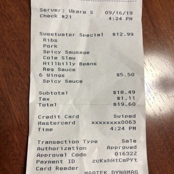 Sweetwater Bar-B-Que - Bill. Just under $20 for a ton of food!!! - Barbeque Near Me - St. Robert, Missouri