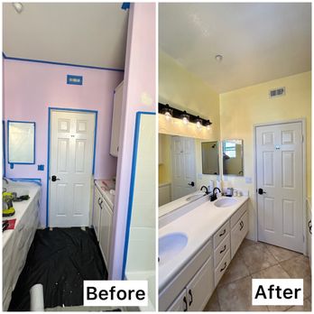 Kotov's Handyman - Bathroom repaint -- full color change from purple to warm beige, giving the space a clean and fresh look. - Handyman Near Me - Oceanside, California Kotov's Handyman - Bathroom repaint -- full color change from purple to warm beige, giving the space a clean and fresh look. - Handyman Near Me - Oceanside, California