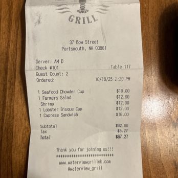 Water View Grill - Receipt - Seafood Near Me - Portsmouth, New Hampshire Water View Grill - Receipt - Seafood Near Me - Portsmouth, New Hampshire
