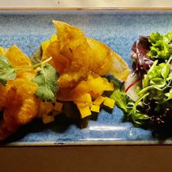 Mirandus Restaurant - Tempura shrimp with mango snd green salad