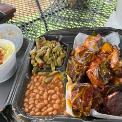 ATL Fusion BBQ - Smoked Rib Tip Combo with BBQ Mango Baked Beans, Green Beans with Turkey Meat and Potatoes and potato Smoke House Potatoe Salad
