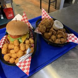 Franky G’s - The just a burger with cheddar cheese and tots, with a side of fried mushrooms