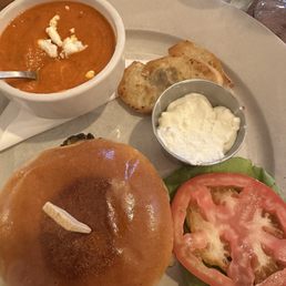 Portobello Burger with a cup of Tomato Basil and goat cheese soup