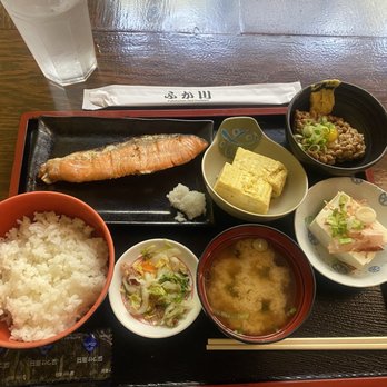 Fukagawa - Breakfast plate C Combo with Grilled Fish.  Cold tofu, natto, salmon tamago yaki - Japanese Near Me - Gardena, California
