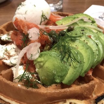 Mr West Cafe Bar Downtown - Salmon toast on a waffle, add avocado and a soft-boiled egg. - Bars Near Me - Seattle, Washington Mr West Cafe Bar Downtown - Salmon toast on a waffle, add avocado and a soft-boiled egg. - Bars Near Me - Seattle, Washington