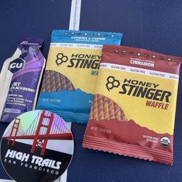 Honey stinger waffles, gu gel, and sticker Honey stinger waffles, gu gel, and sticker