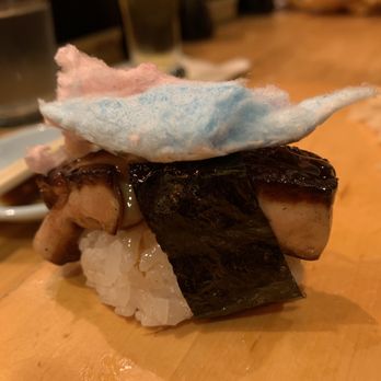 Kisaku Sushi - Dessert anyone? Seared Foie Gras with cotton candy - Sushi Bars Near Me - Seattle, Washington Kisaku Sushi - Dessert anyone? Seared Foie Gras with cotton candy - Sushi Bars Near Me - Seattle, Washington