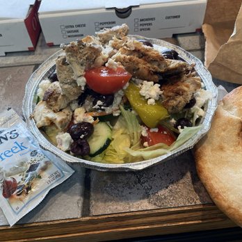 Ware House of Pizza - Greek salad with grilled chicken opened and moved toppings aside to show. - Pizza Near Me - Ware, Massachusetts Ware House of Pizza - Greek salad with grilled chicken opened and moved toppings aside to show. - Pizza Near Me - Ware, Massachusetts