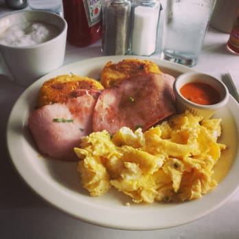 Breakfast House - Latte & Cornmeal cakes with ham and scrambled eggs -yum - Breakfast & Brunch Near Me - Chicago, Illinois