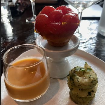 Dirt Candy - TOMATO CUPCAKE WITH SMOKED FETA AND CHERRY TOMATOES,   FRIED GREEN TOMATOES, PESTO, AND GAZPACHO WITH TOMATO VINEGAR - Vegetarian Near Me - New York, New York