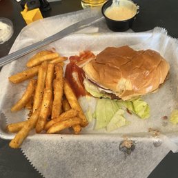 Of course I forgot to take a photo when I first got my food. This was the meatless burger with the house aioli. And those fries!!