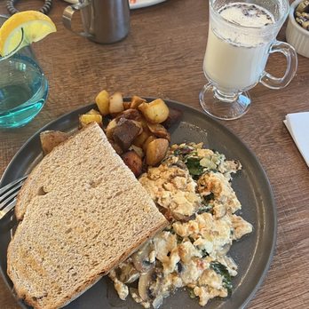 Darla Cafe - Warm milk with honey and lavender garden scramble with egg whites and loco moco no 2 at the back. - Asian Fusion Near Me - Saratoga, California Darla Cafe - Warm milk with honey and lavender garden scramble with egg whites and loco moco no 2 at the back. - Asian Fusion Near Me - Saratoga, California