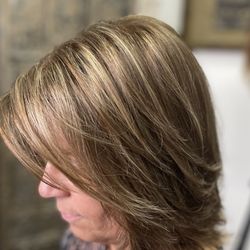 Midcoast Hair Solutions - 5 hour color correction, her hair starting out was a brassy color, damaged from over processed highlights. Her end result is shiny&healthy
