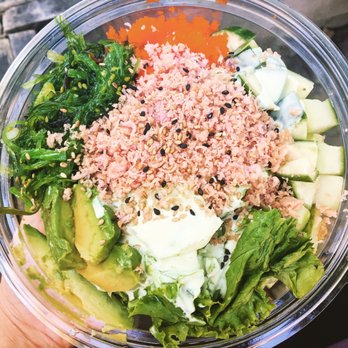 Rolltation - My poke bowl w salmon, avocado(extra), seaweed salad (extra), lettuce, cucumbers, wasabi mayo, pokito, tempura bits and sesame . - Sushi Bars Near Me - Toronto, Ontario