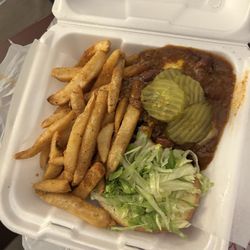 Indys Burger Joint - Chili and cheese burger with a side of fries