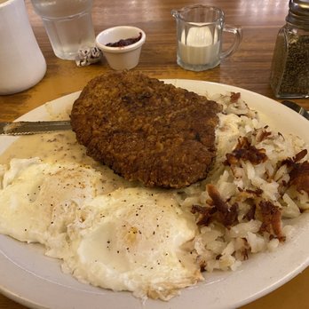 Western Cafe - This was the best of the west two eggs chicken fried steak with gravy hash browns and coffee - Breakfast & Brunch Near Me - Bozeman, Montana Western Cafe - This was the best of the west two eggs chicken fried steak with gravy hash browns and coffee - Breakfast & Brunch Near Me - Bozeman, Montana
