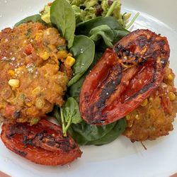 Granger & Co - Sweetcorn Fritters , Roast Tomato , Spinach & Bacon