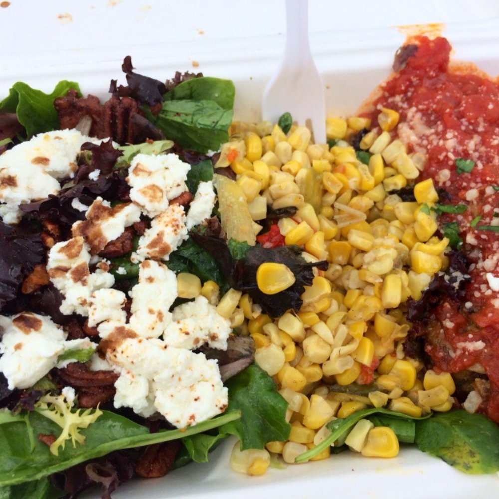 Ball or Nothing - Veggie balls side of local corn & goat cheese, almond, salad - Italian Near Me Ball or Nothing - Veggie balls side of local corn & goat cheese, almond, salad - Italian Near Me